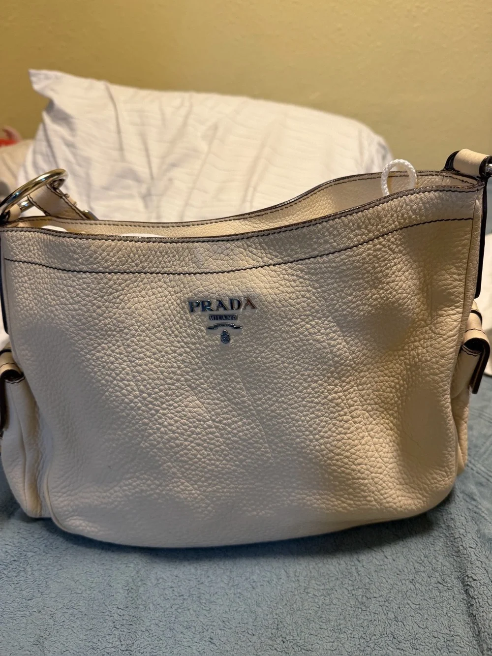 Prada Cream Pebbled Leather Shoulder Bag,Authentic